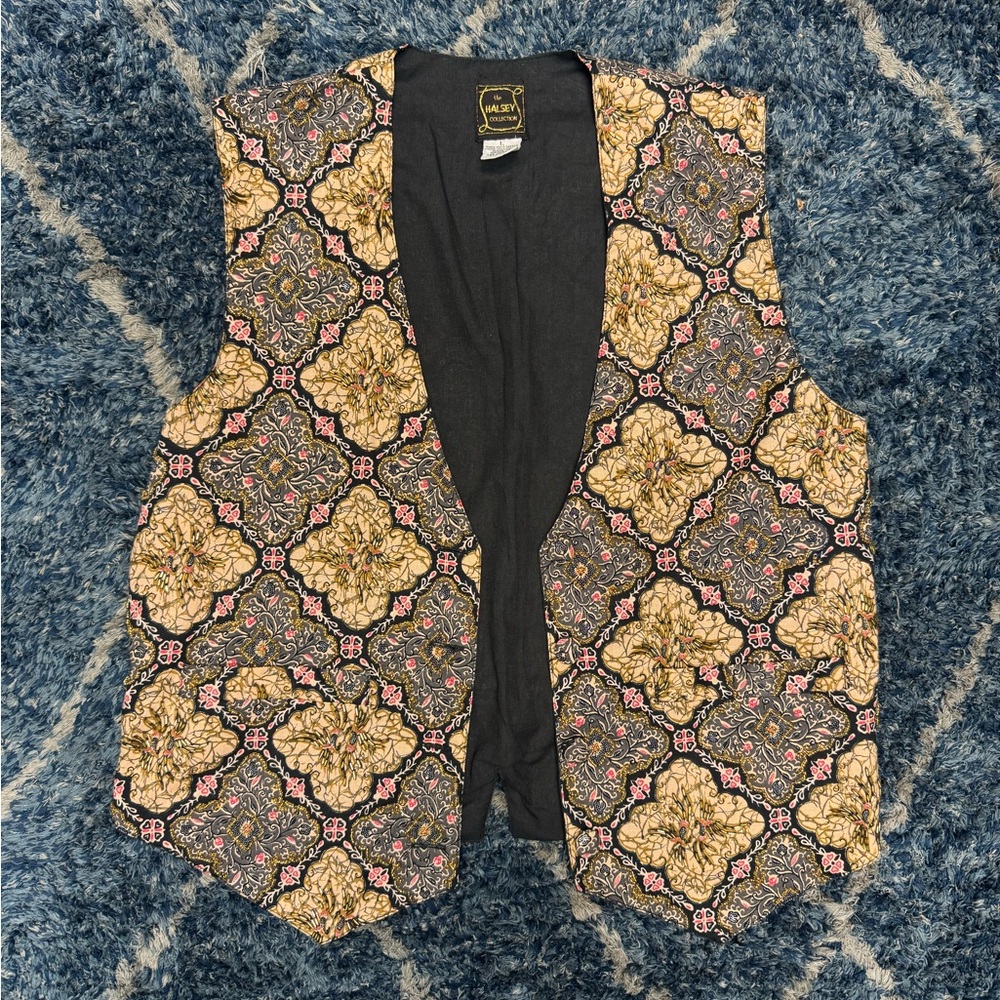Vintage Anthropologie Floral Medallion Pattern Vest in Black, Gold, Pink